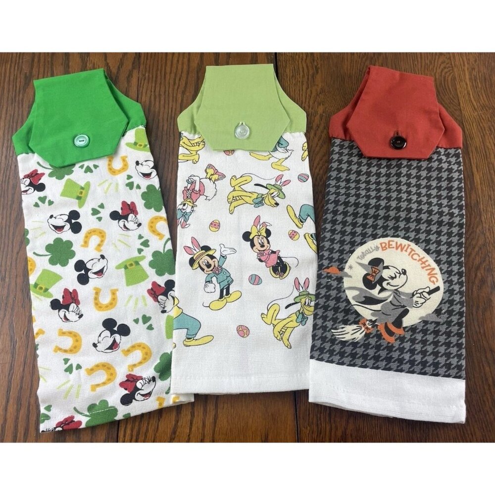 3 Handmade Hanging Disney Kitchen Towels Easter, St Patty Day, Halloween New